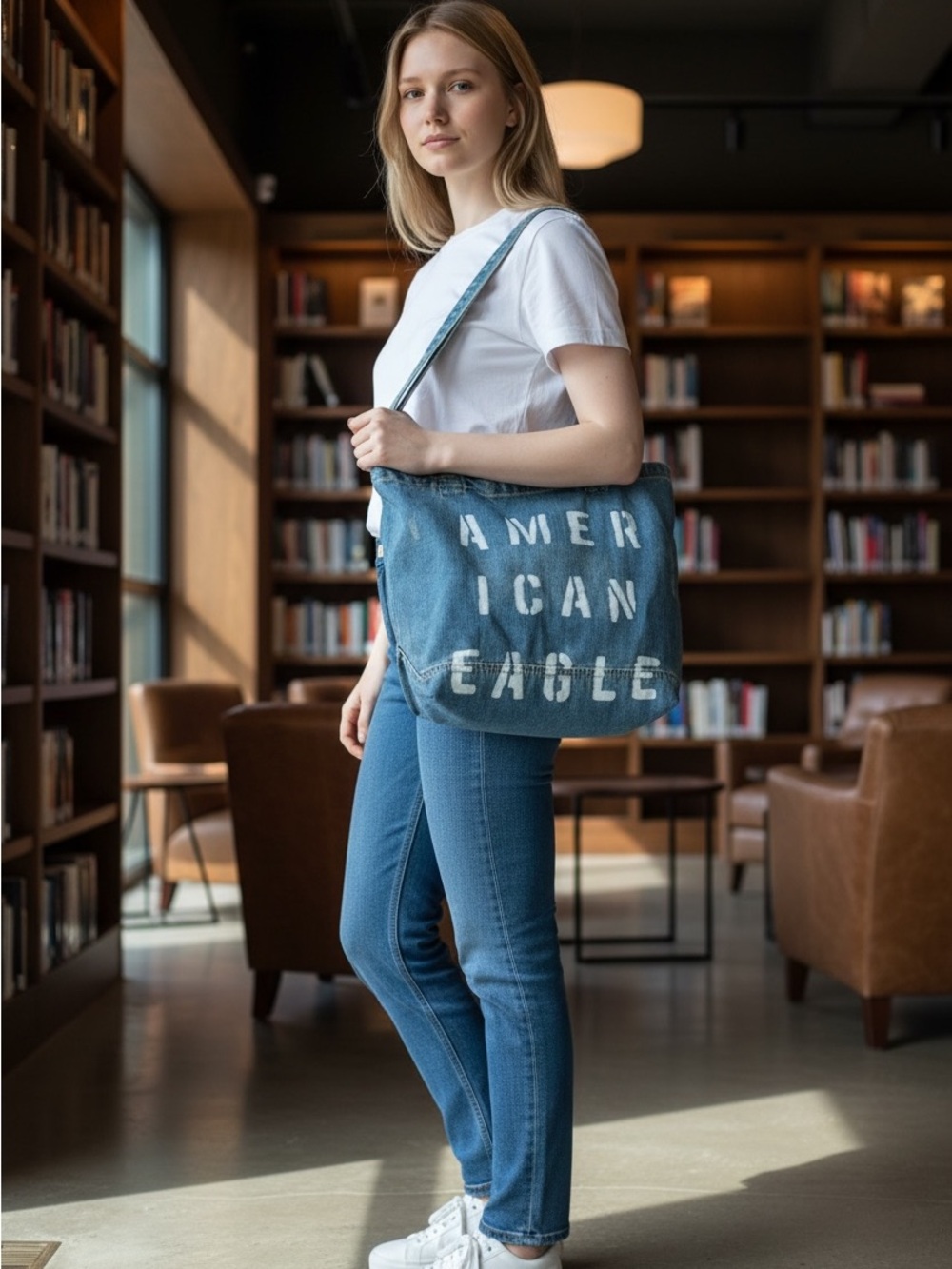 American Eagle Outfitters Distressed Blue Canvas Shoulder Tote with Logo